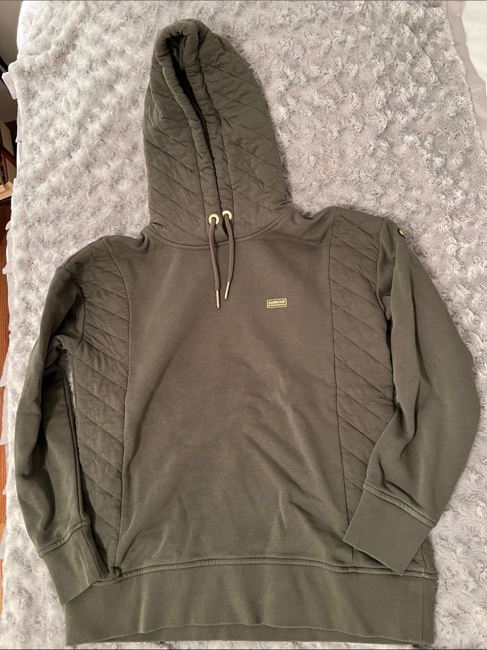 Barbour International Sarthe Overlayer Dusky Khaki Hoodie Sweatshirt Size 6 NWT - Picture 3 of 9